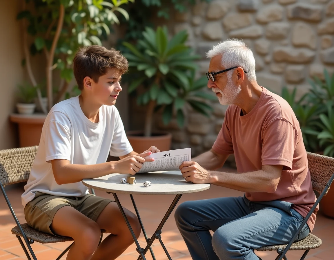 Grand-père expliquant les règles du jeu 421 à son petit-fils sur une terrasse ensoleillée