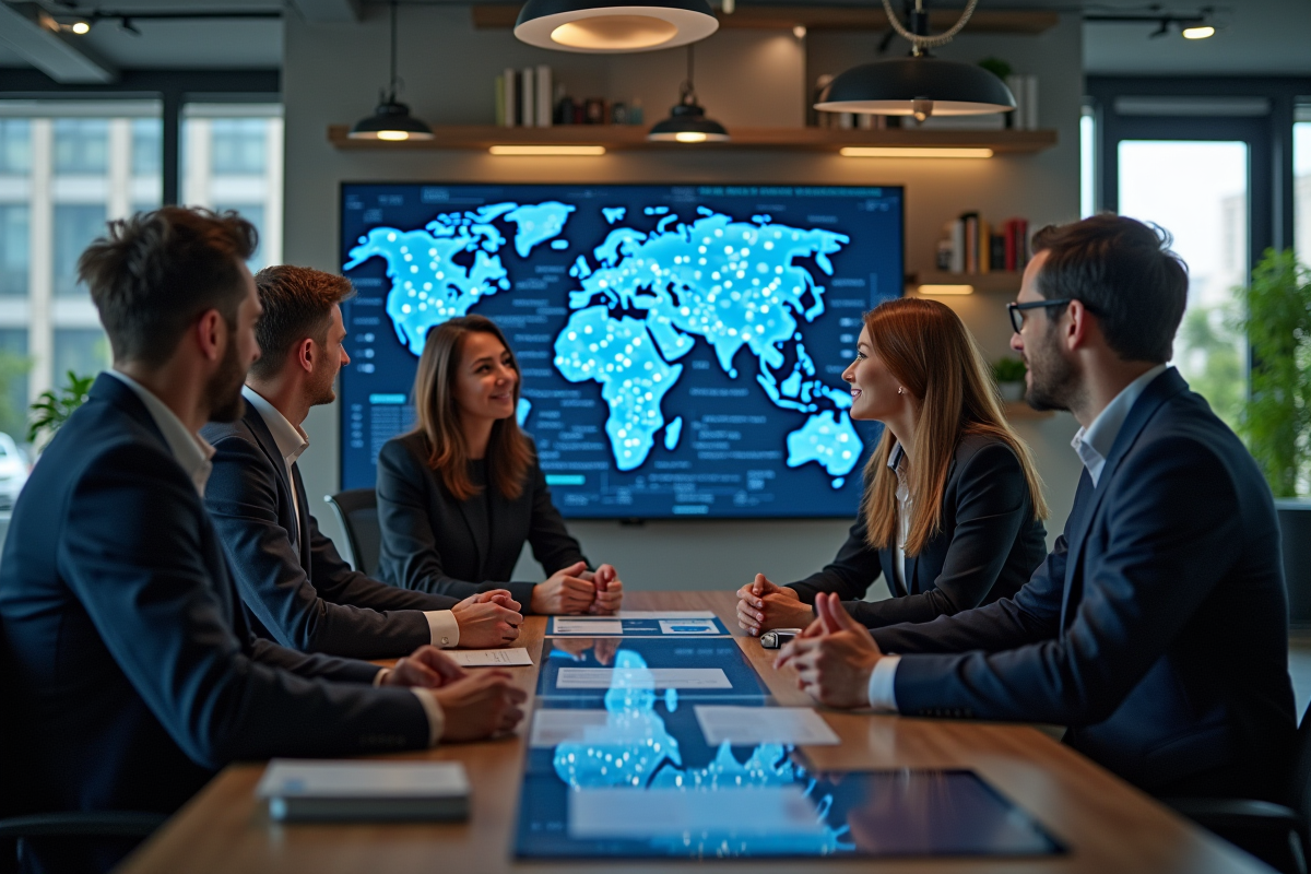 Groupe diversifié discutant devant un écran blockchain