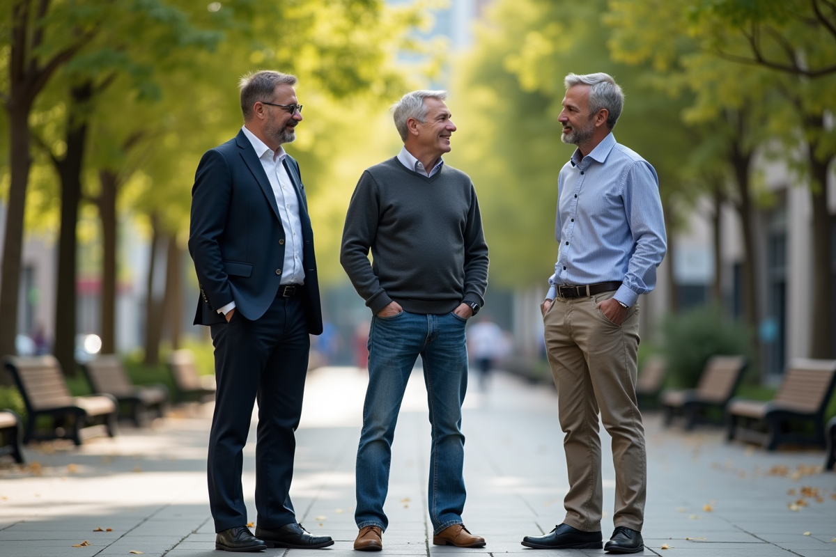 Trois hommes discutant en plein air dans une place urbaine