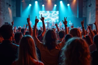 Groupe de jeunes adultes au club techno ambiance dynamique