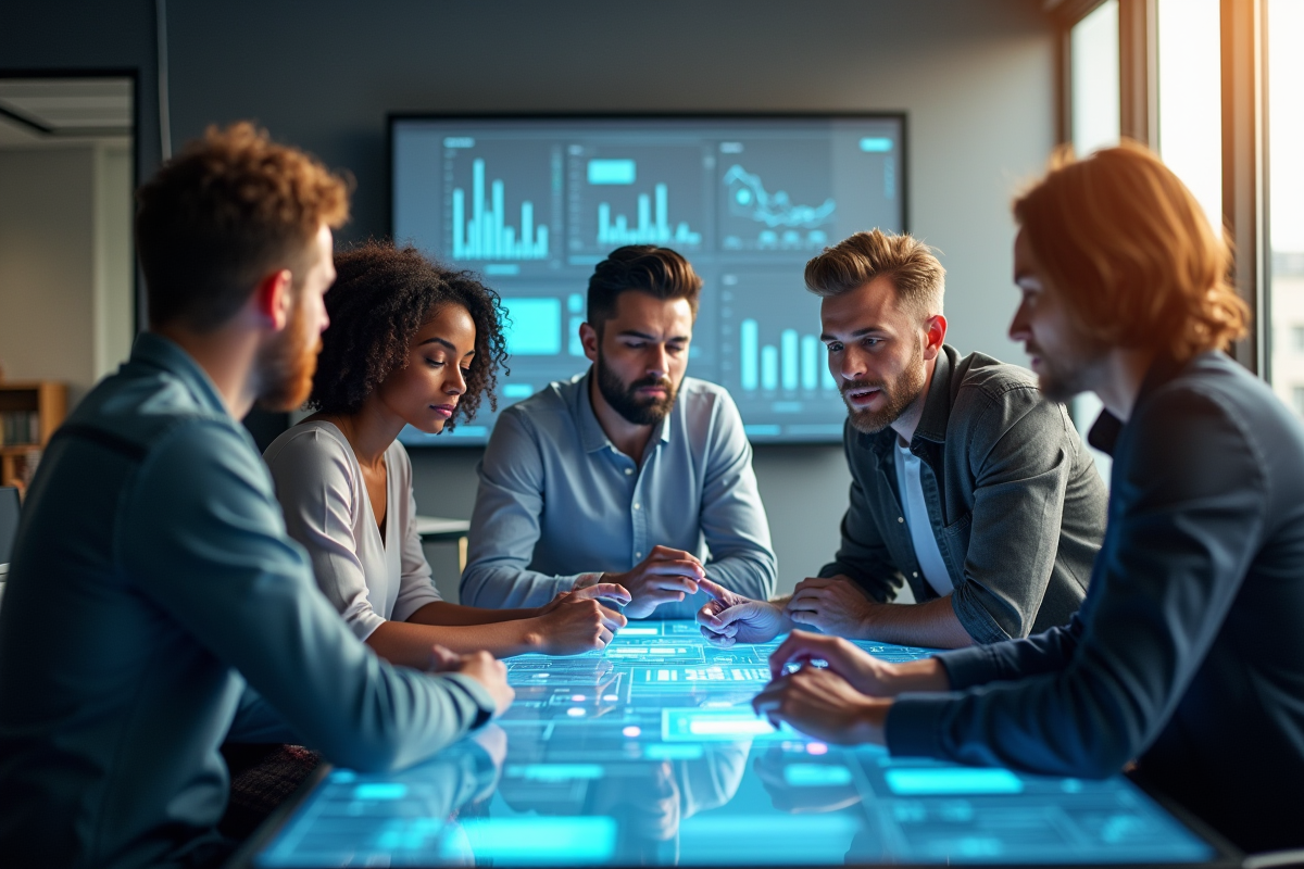 Groupe de jeunes professionnels collaborant autour d'une table futuriste