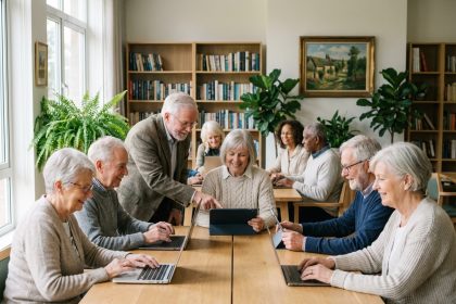 Groupe de seniors souriants autour d'une table moderne