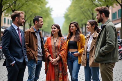 Groupe d'adultes en discussion en ville