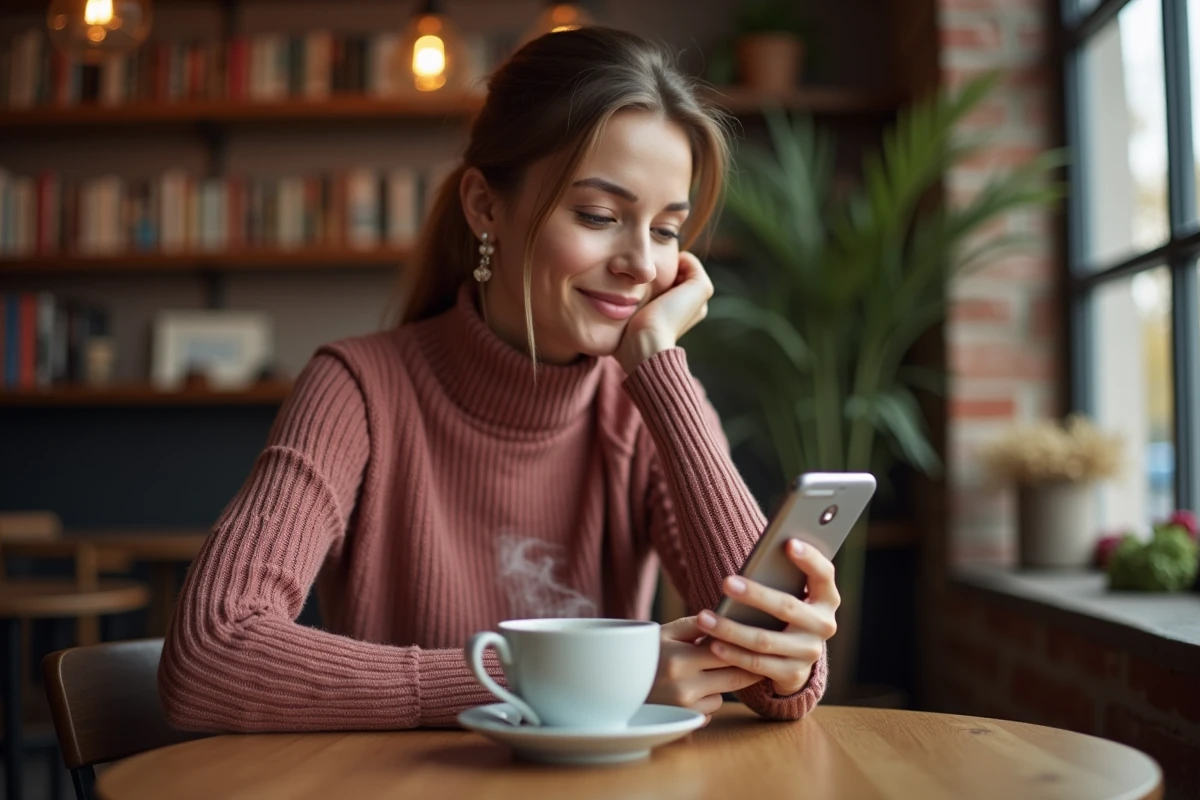 Femme regardant l'heure 14h41 sur son téléphone dans un café, signe numérique des flammes jumelles