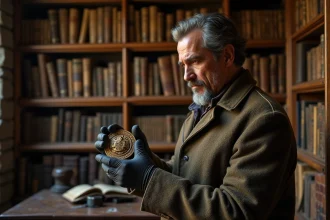 Historien examinant un médaillon templier ancien dans son étude