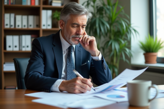 Homme d'affaires en costume analyse des documents financiers