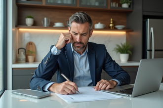 Homme d'affaires en costume dans une cuisine moderne