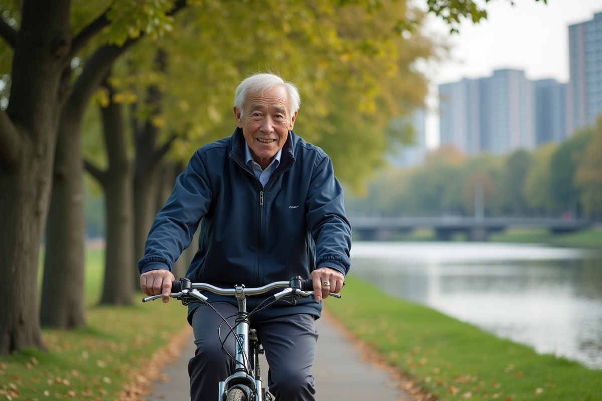 Homme âgé à vélo dans un parc au bord de la rivière