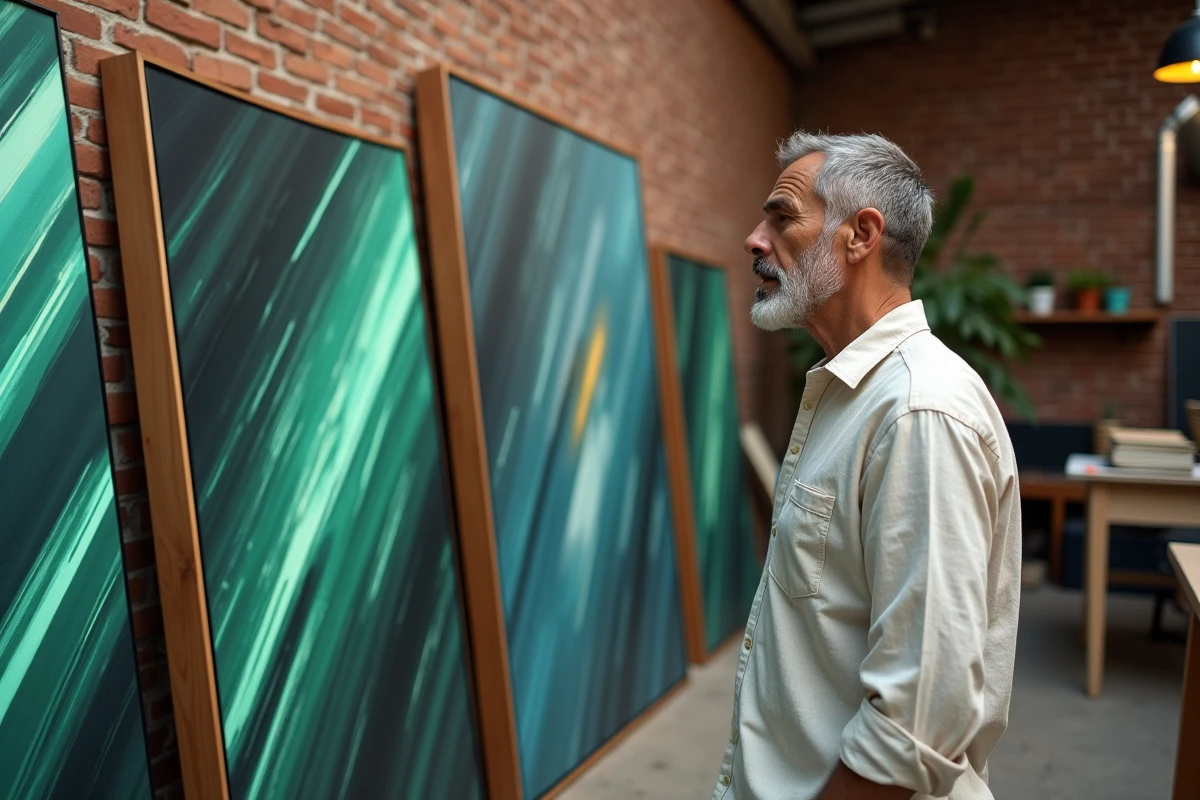 Homme examinant plusieurs toiles futuristes aux traits dynamiques et couleurs néon dans un atelier d'artiste authentique
