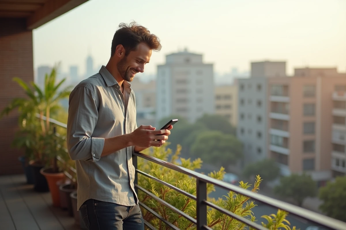 Homme souriant sur un balcon urbain lisant une citation positive sur son smartphone le matin