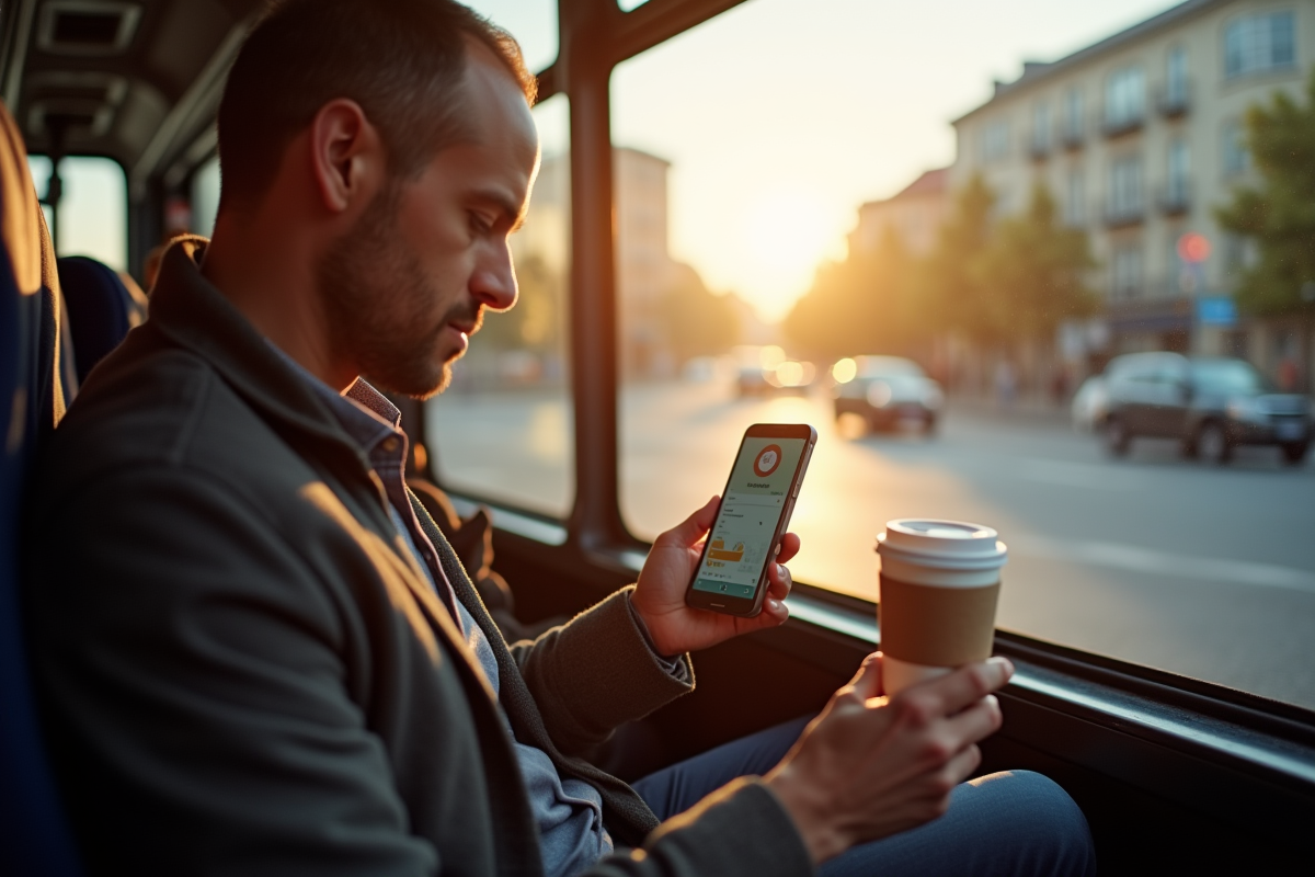 Homme utilisant application bancaire en déplacement