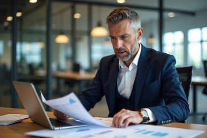 Homme d'affaires en costume navy au bureau