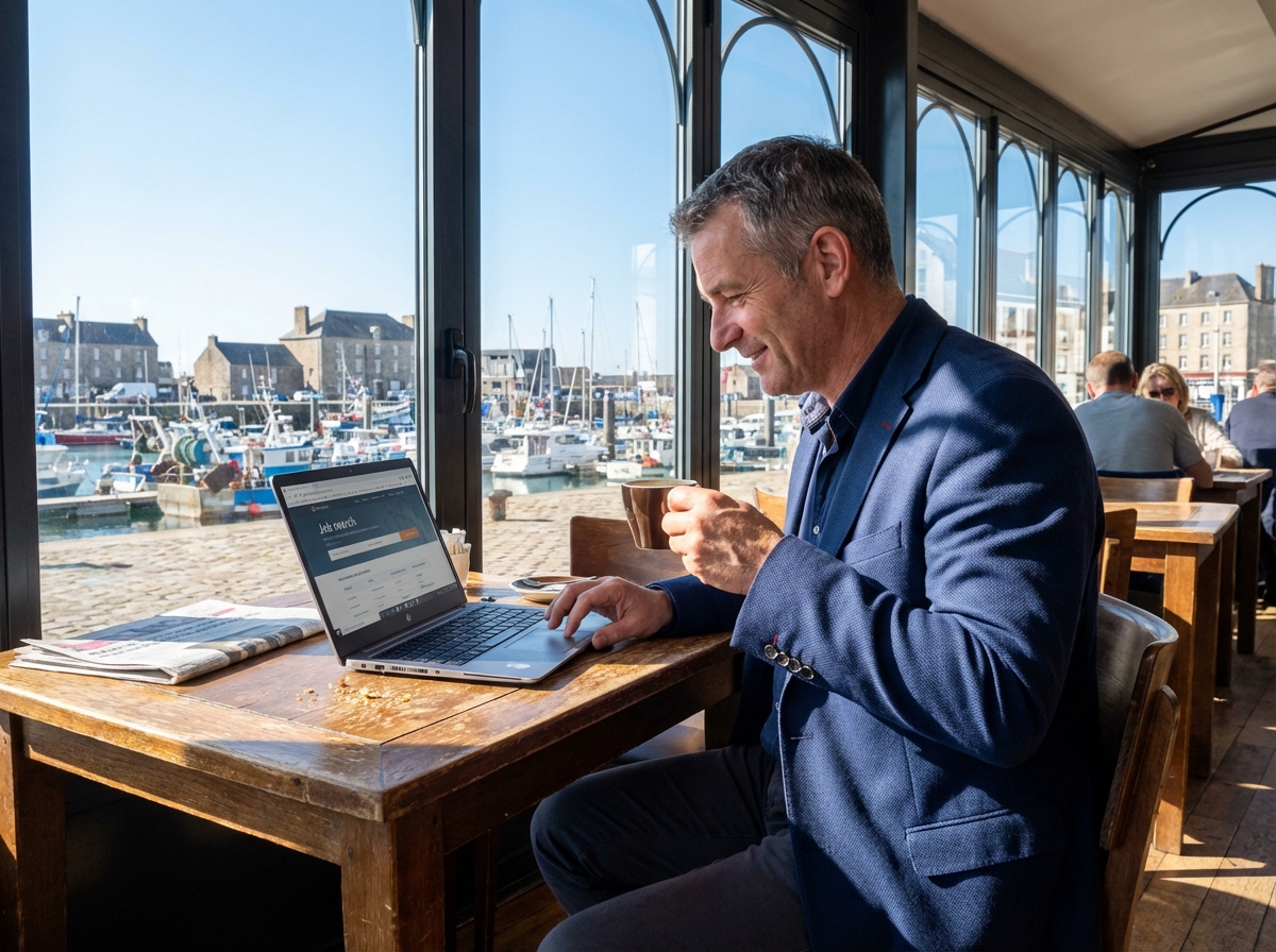 Homme au café regardant son ordinateur à Cherbourg