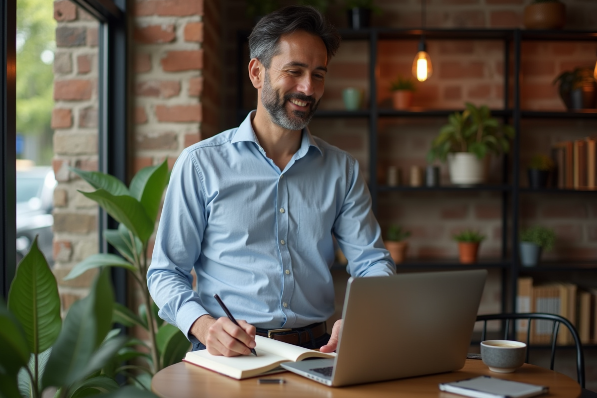 Homme travaillant au café avec un ordinateur portable
