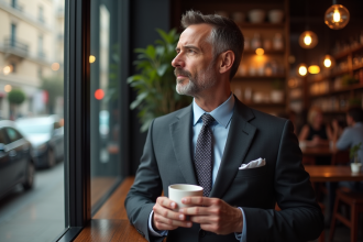 Homme d'âge moyen dans un café urbain en pleine lumière