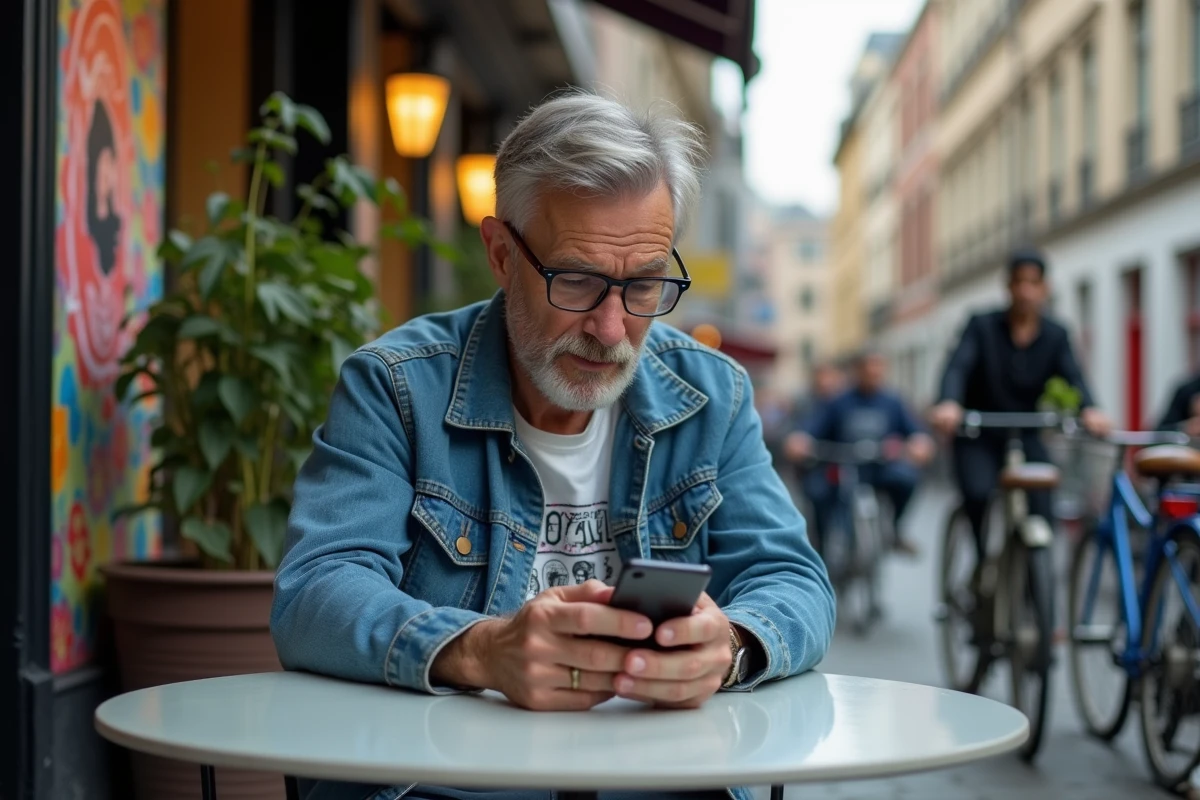 Homme en jean au café regardant son smartphone