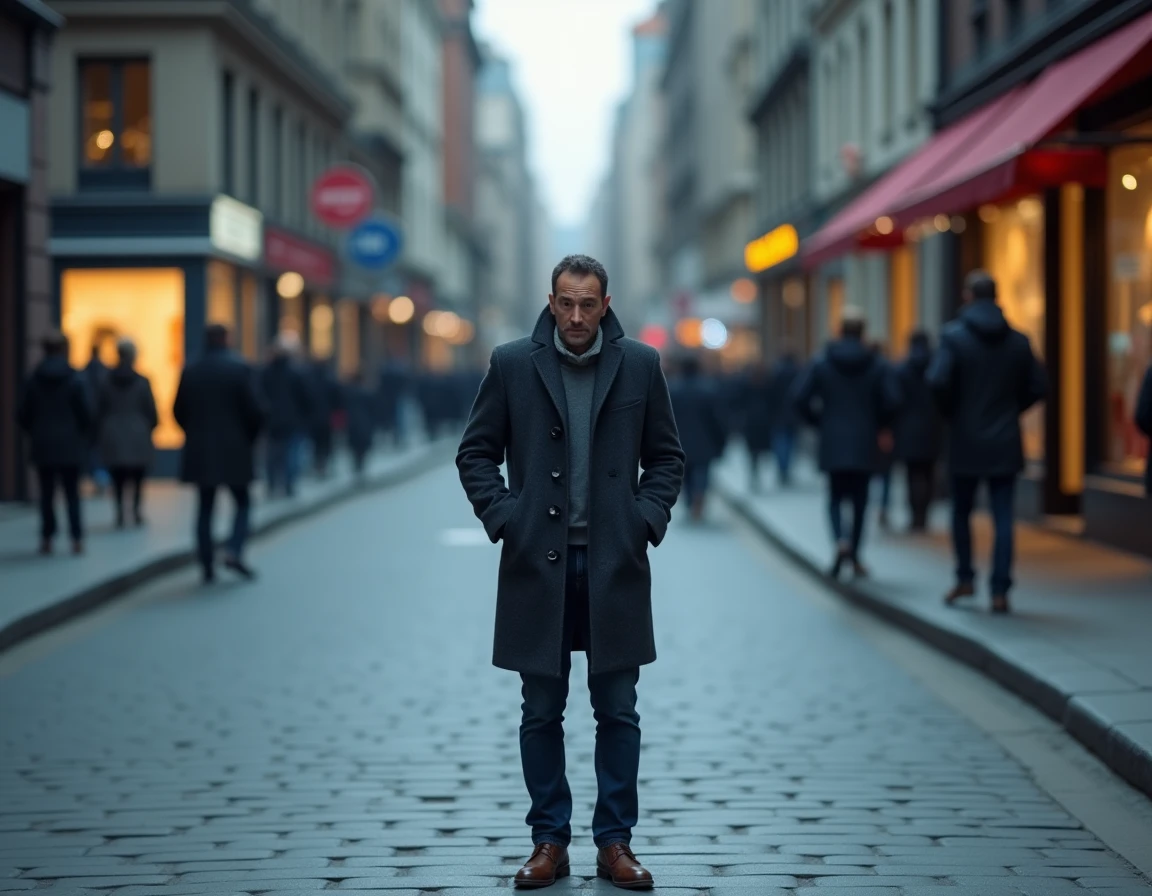 Homme à un carrefour urbain symbolisant une période de changement et de questionnement sur son avenir