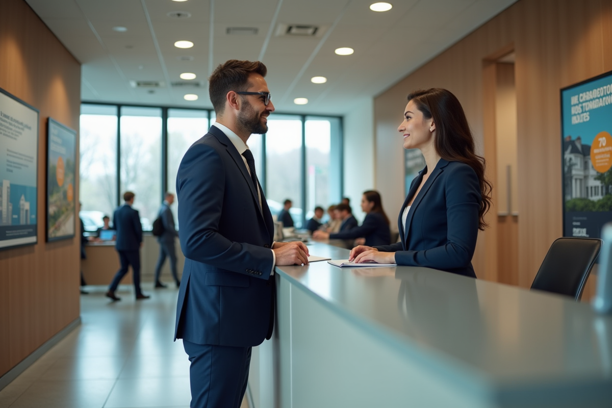 Jeune homme en costume discutant avec un conseiller bancaire