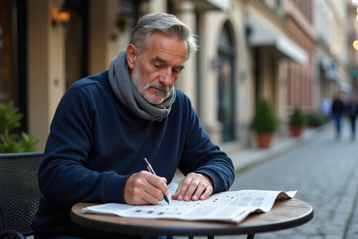Homme serbe en café à Novi Sad en train de remplir une grille de mots croises