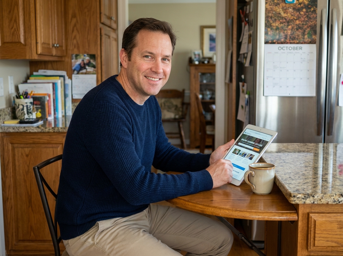 Homme à la maison consultant un site éducatif sur sa tablette