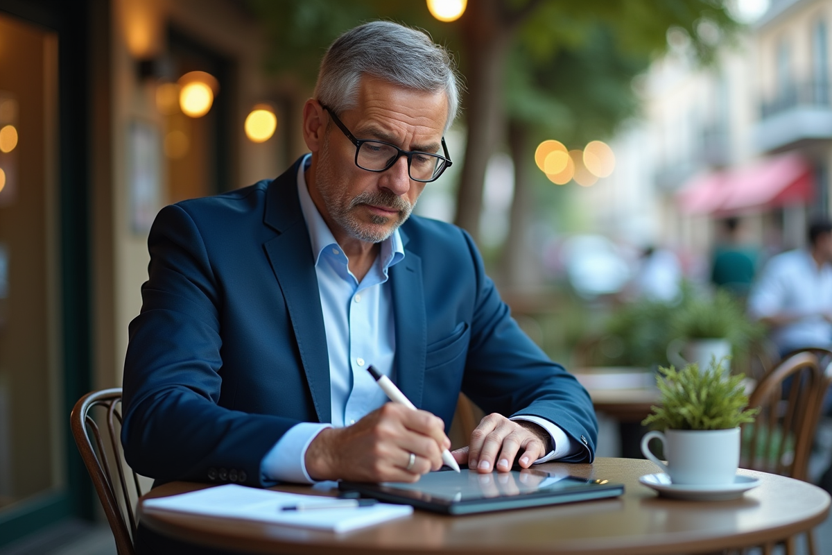 Homme en costume esquissant prototype sur tablette au café