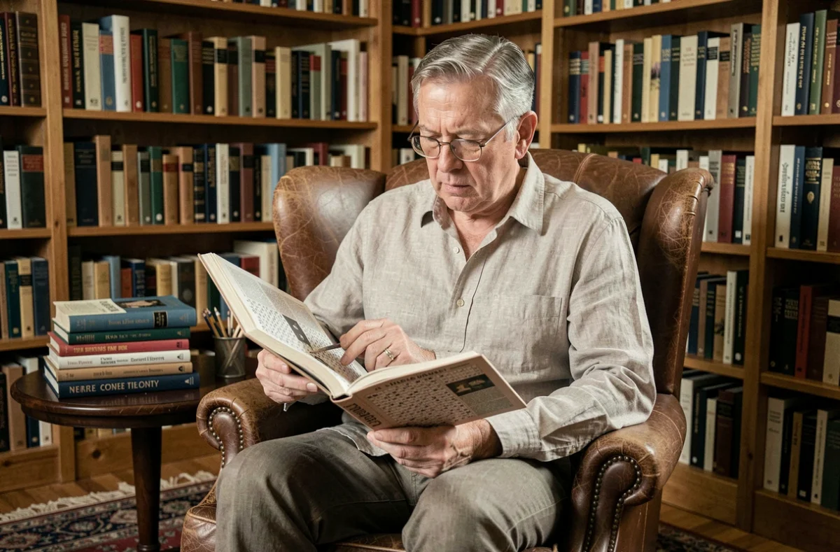 Homme consultant un dictionnaire des synonymes pour mots fléchés dans une bibliothèque personnelle bien garnie