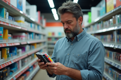 Homme espagnol examine des cartouches d'encre colorées