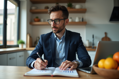 Homme en costume bleu analyse des graphiques financiers