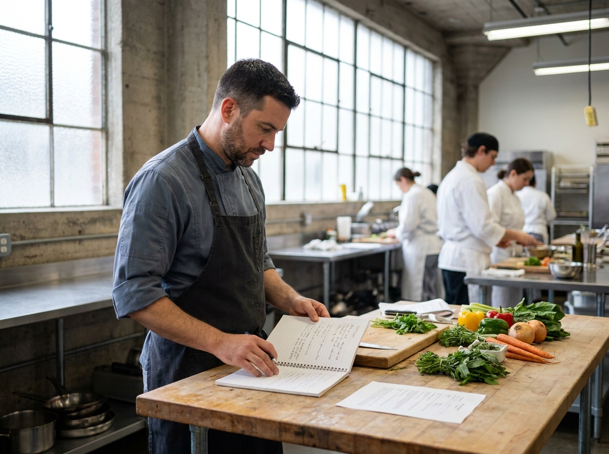 Homme adulte en veste de chef étudiant des recettes dans une école de cuisine professionnelle, formation culinaire et projet de reconversion en 2026