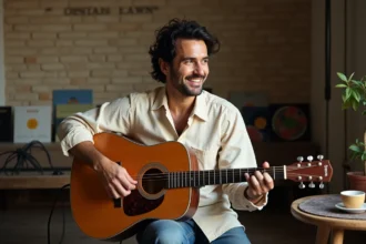 Homme jouant de la guitare dans un appartement parisien romantique, évoquant l'amour et la vie de couple