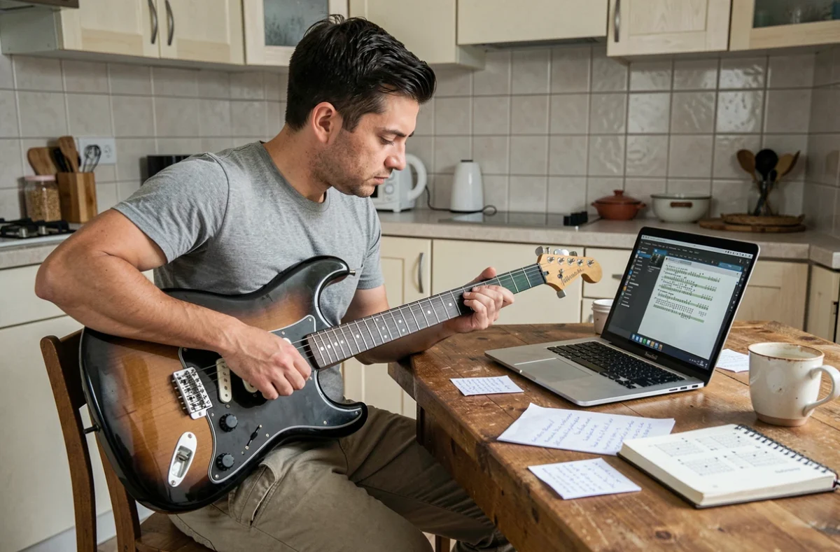 Homme adulte apprenant la guitare électrique seul grâce à une tablature numérique sur ordinateur portable dans une cuisine