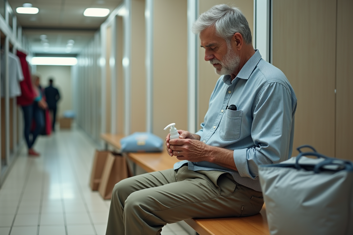 Homme âgé se désinfectant les mains dans un centre commercial