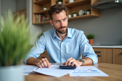 Homme d'âge moyen examinant documents fiscaux français à la maison