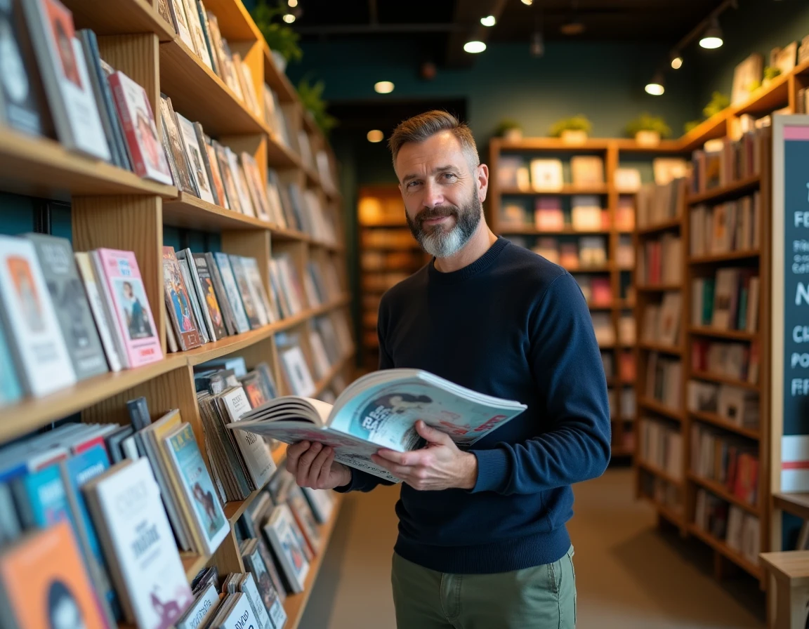 Homme parcourant un magazine culturel dans une librairie indépendante avec présentoir de presse