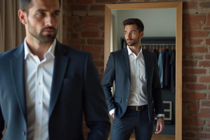 Homme en costume regardant son reflet dans un miroir moderne