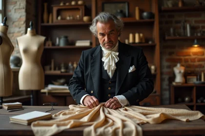 Homme élégant ajustant une soie riche dans un atelier parisien