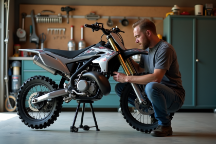 Homme inspectant la chaîne d'une moto motocross dans un garage