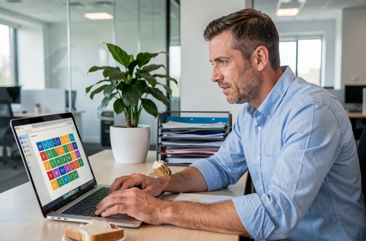 Homme en pause déjeuner au bureau jouant à un jeu de lettres type Wordle sur un ordinateur portable, symbolisant l'addiction ludique au quotidien