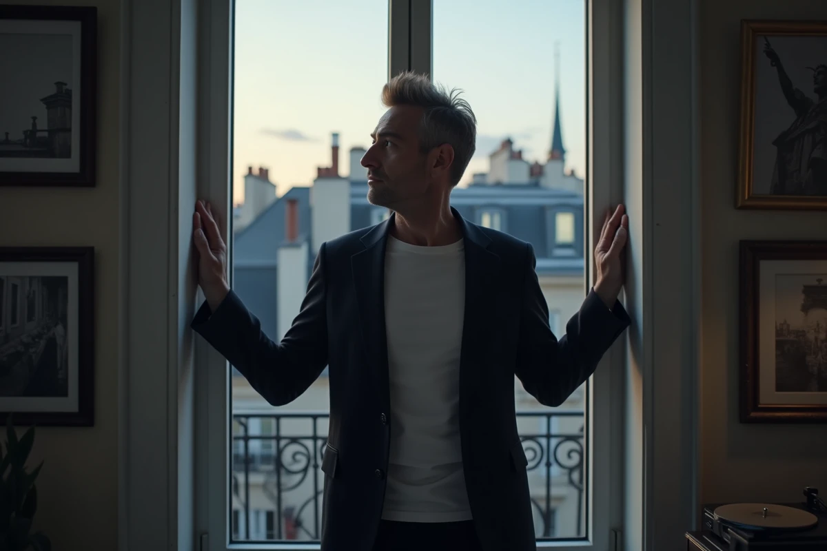 Homme pensif regardant les toits de Paris depuis une fenêtre, évoquant la réflexion sur l'amour et le couple