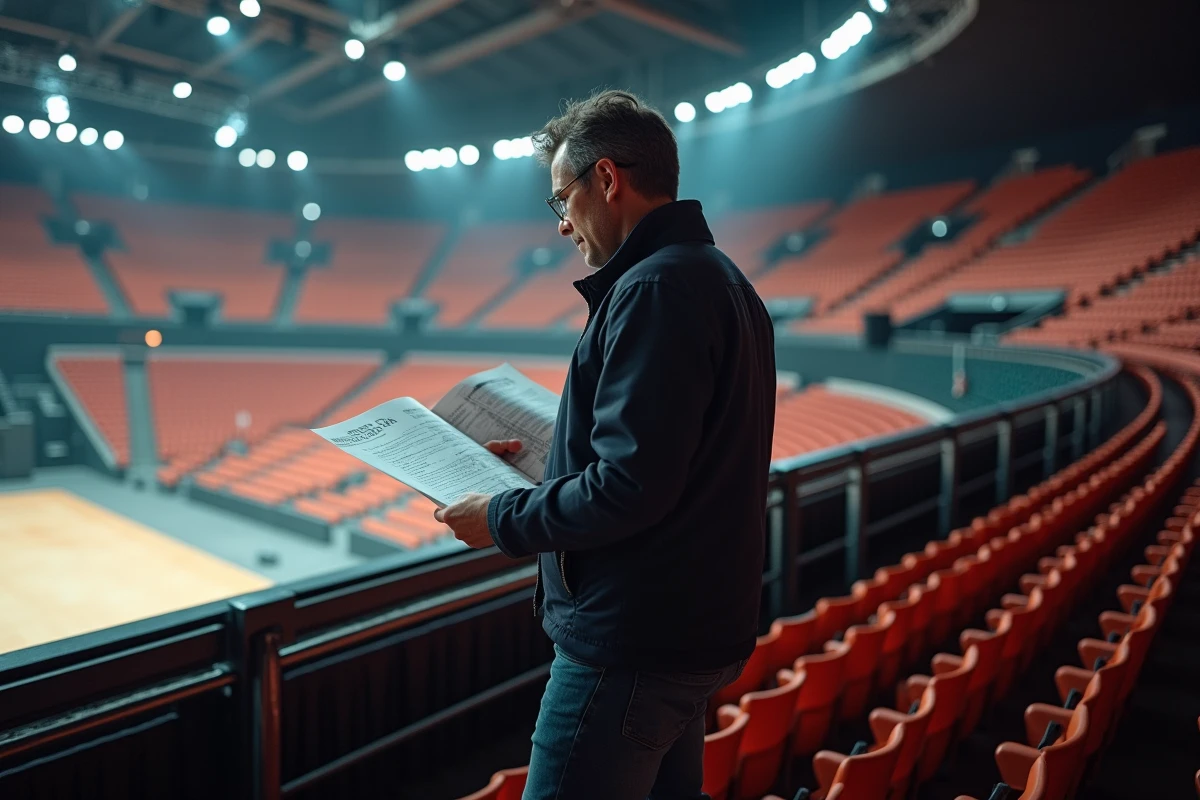 Homme consultant le plan de salle de l'Accor Arena depuis les gradins supérieurs avant un spectacle