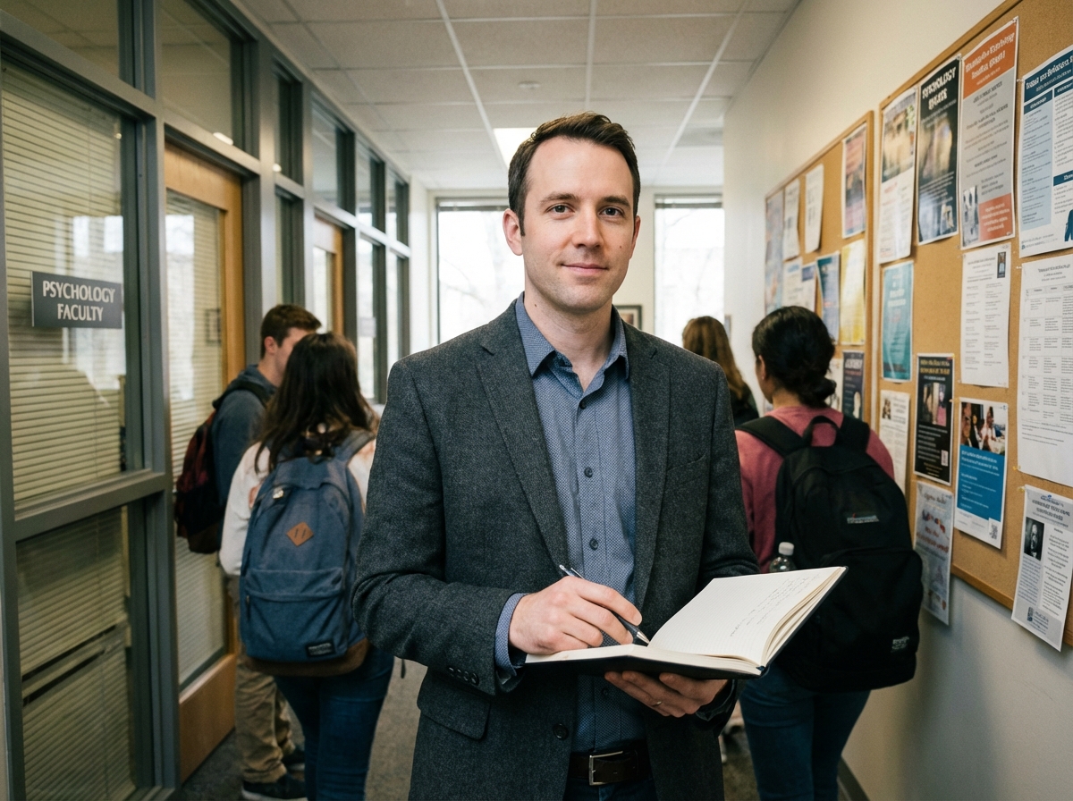 Homme en tenue professionnelle dans un couloir universitaire