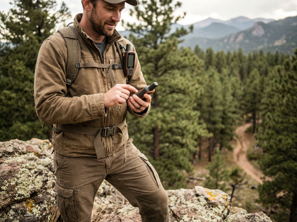 Homme en randonnée examinant un GPS en pleine nature