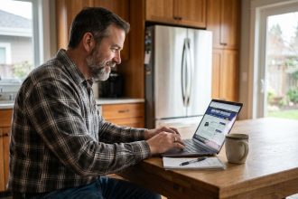 Homme d'âge moyen cherchant pièces auto sur un laptop dans une cuisine moderne