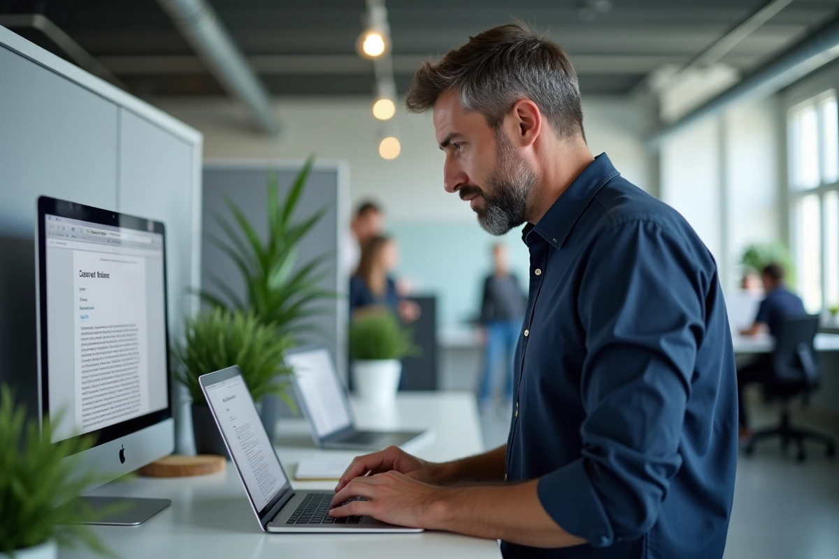 Homme en bureau moderne relisant attentivement un document texte en français sur son ordinateur portable