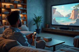 Homme assis sur un canapé utilisant un projecteur dans un salon moderne