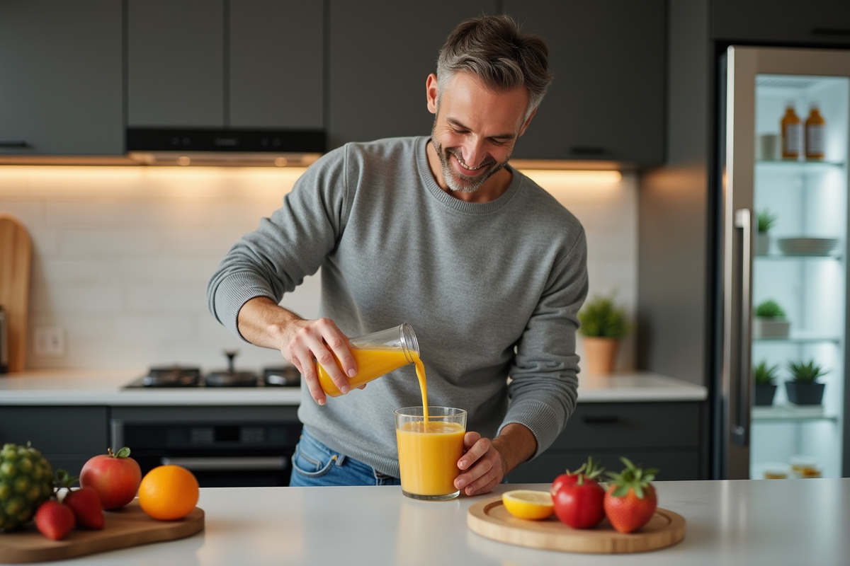Homme en cuisine versant un smoothie vitaminé dans un verre