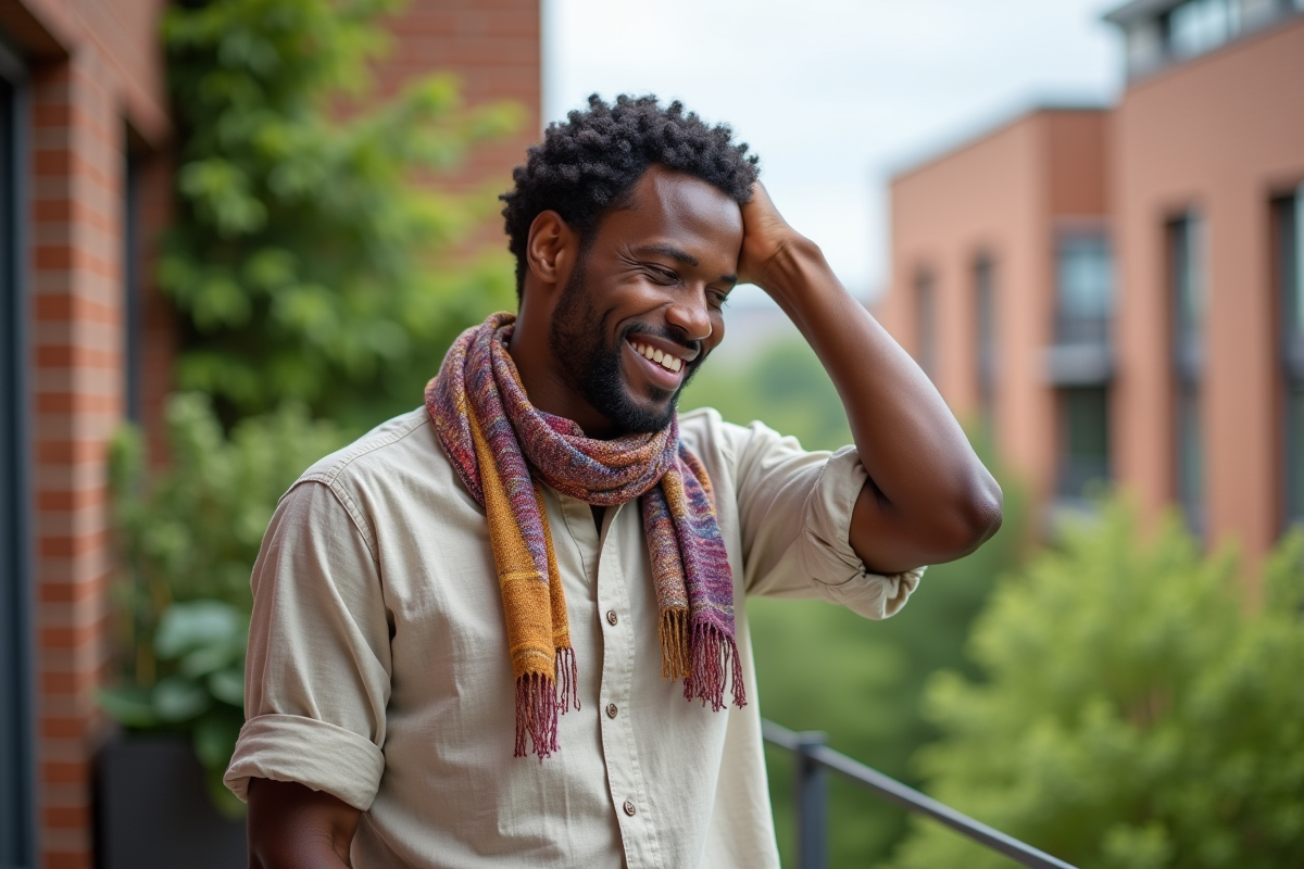 Homme appliquant un soin capillaire dans un jardin urbain