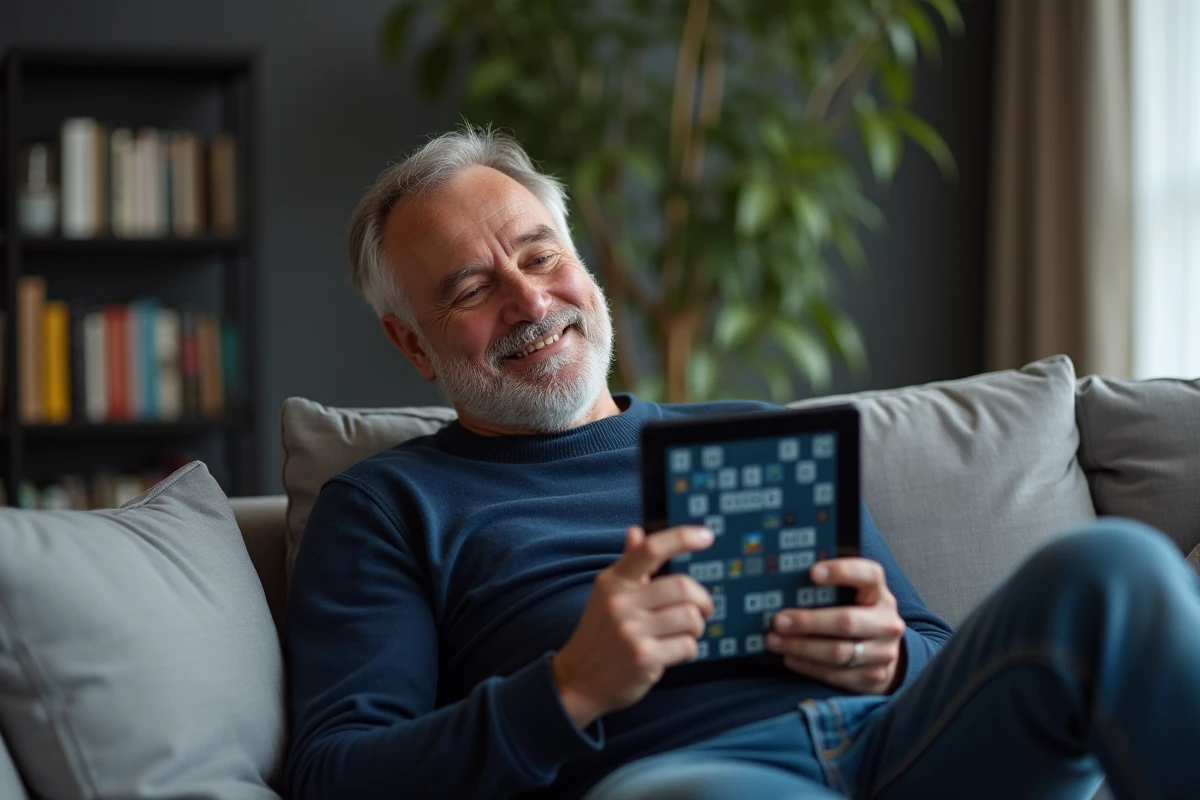 Homme résolvant une énigme de mots sur tablette dans un salon moderne, jeu de lettres visible à l'écran
