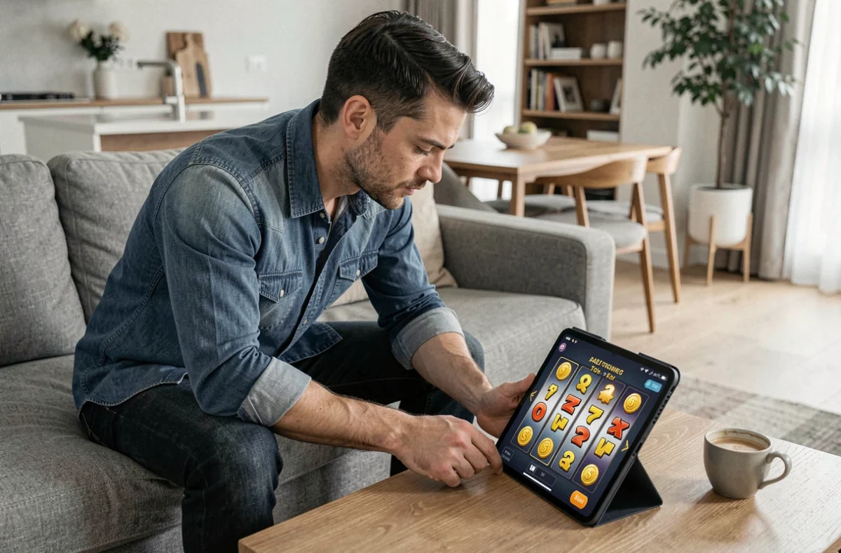 Homme utilisant une tablette pour accéder à des liens Coin Master et obtenir des tours gratuits