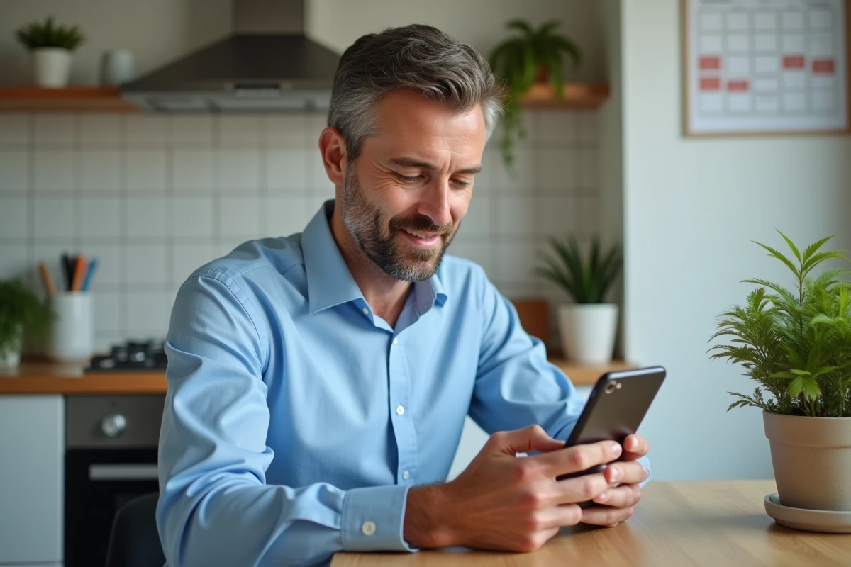 Homme d'âge moyen utilisant son smartphone dans une cuisine moderne